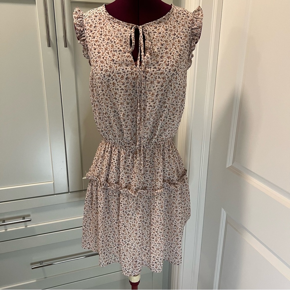 EUC ANTHROPOLOGIE Paper Crane Ditzy Cream Floral Dress Front Neck Tie Size Small